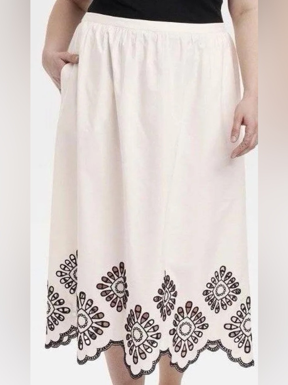 Universal Thread Cotton Midi Skirt with Black Embroidered Hem